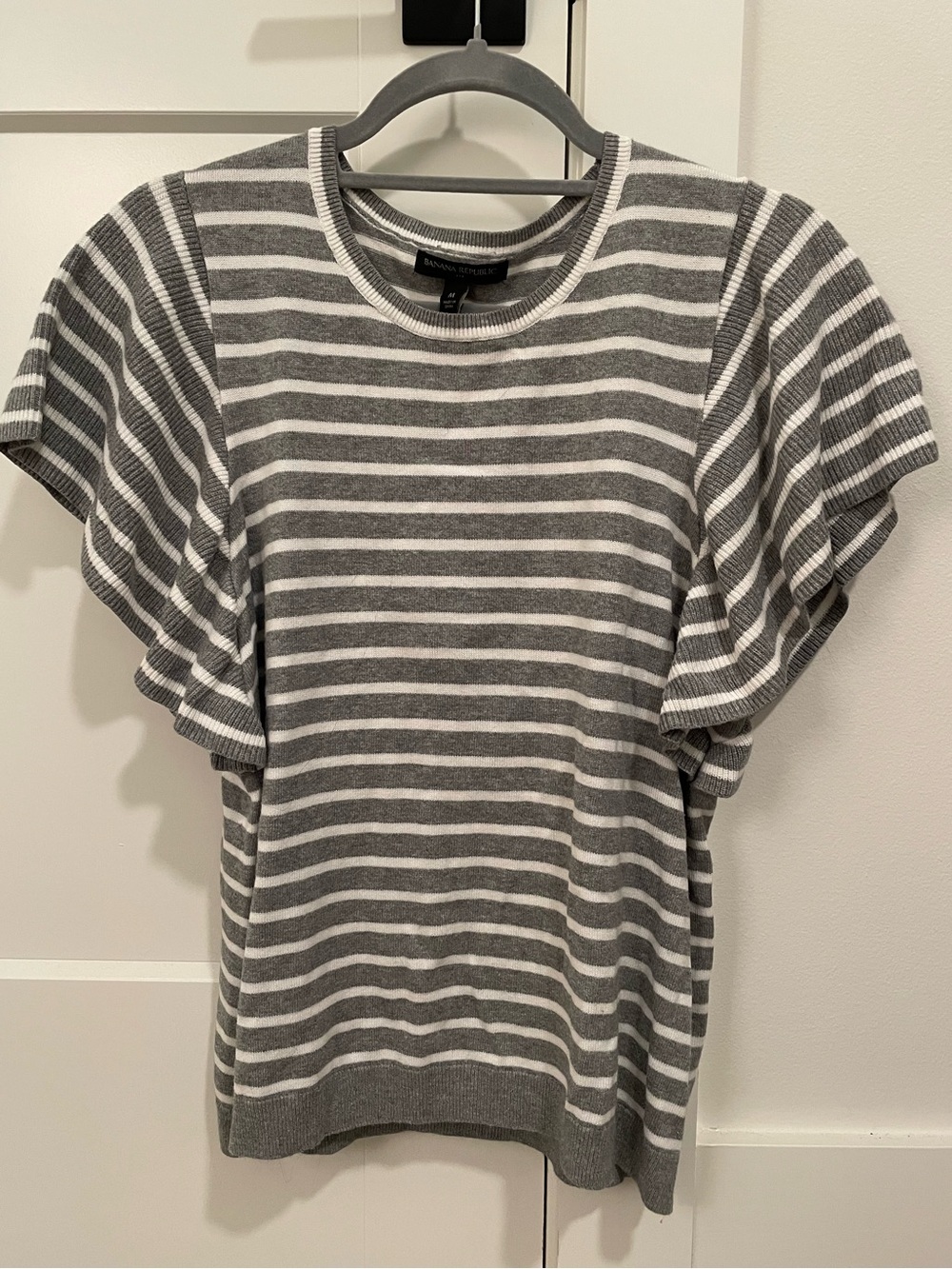 Banana Republic Gray & White Striped Flutter Sleeve Sweater